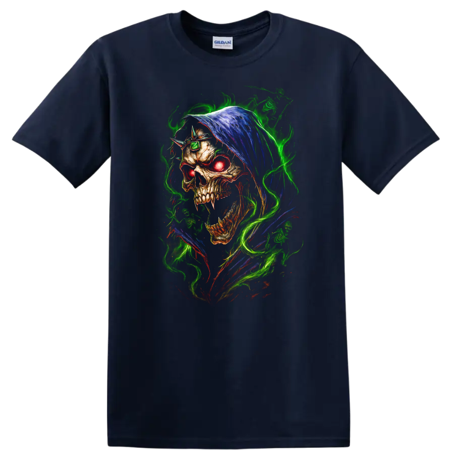 Hooded skull with glowing red eye and neon green flames in gothic horror art on a Navy (Blue) T Shirt