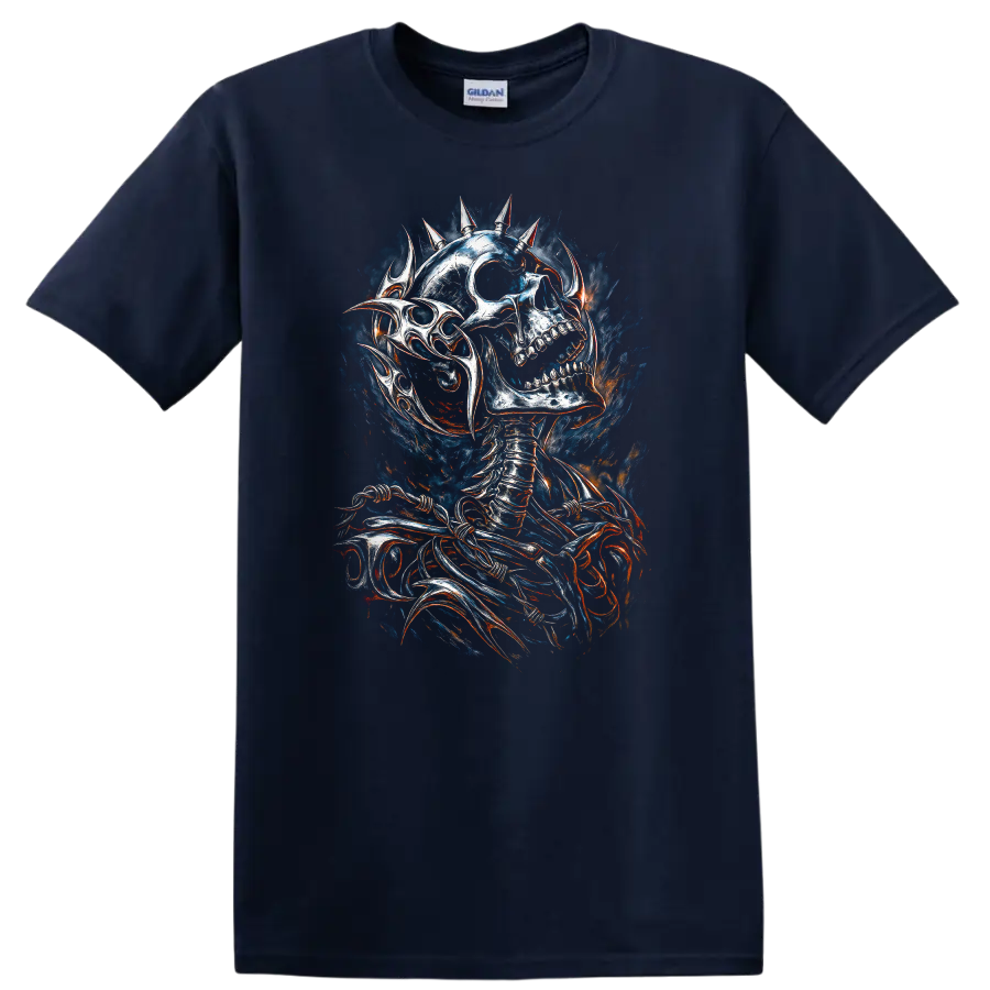 Spiked skeleton skull in distressed gothic horror art with smoky fiery accents on a Navy (Blue) T Shirt
