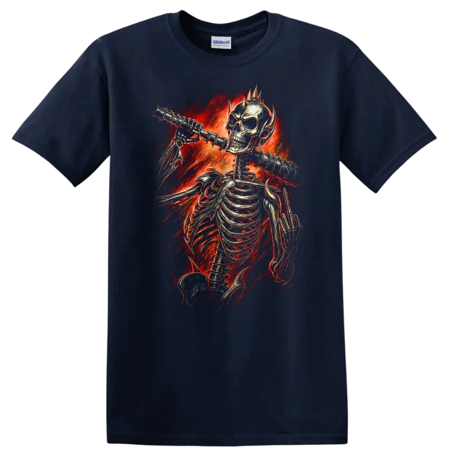 Vintage gothic skeleton playing flute amid fiery red flames on a Navy (Blue) T Shirt