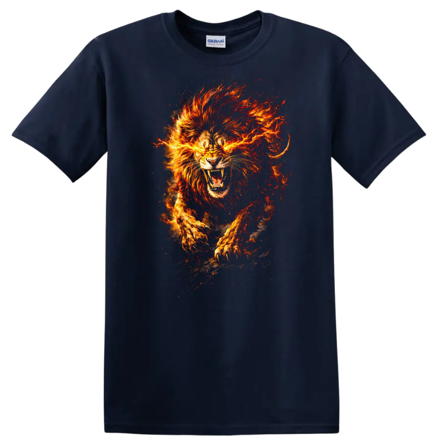 Fiery Lion Head Art T Shirt Roaring Flame Animal Graphic - Navy (Blue)