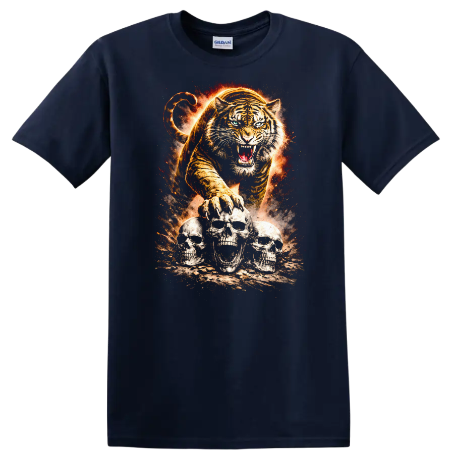 Roaring Tiger and Skull Trio Fierce Animal Graphic T Shirt - Navy (Blue)
