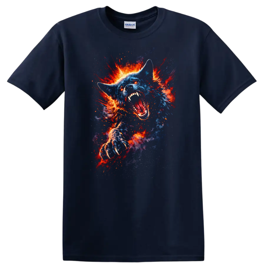 Exploding Blue Wolf Fireburst Graphic T Shirt for Animal Lovers - Navy (Blue)