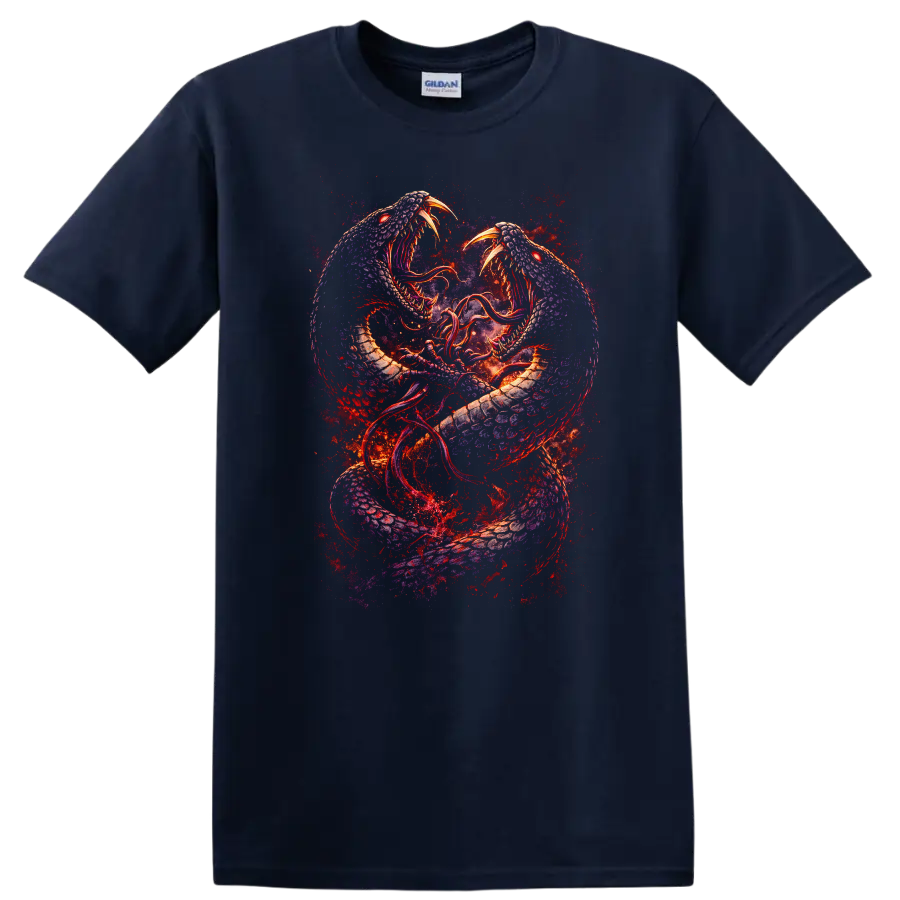 Twin Serpent Dragon Clash Fantasy Art T Shirt for Animal Lovers - Navy (Blue)