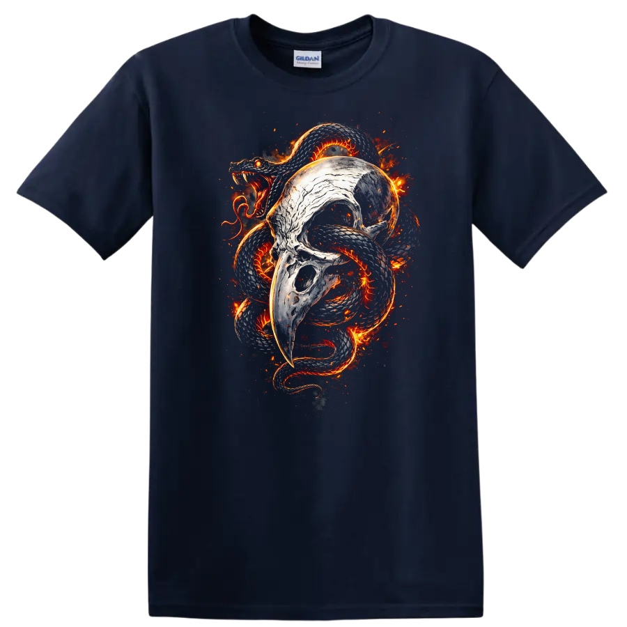 Fiery Dragon Serpent Skull T Shirt Bold Animal Art Tee - Navy (Blue)