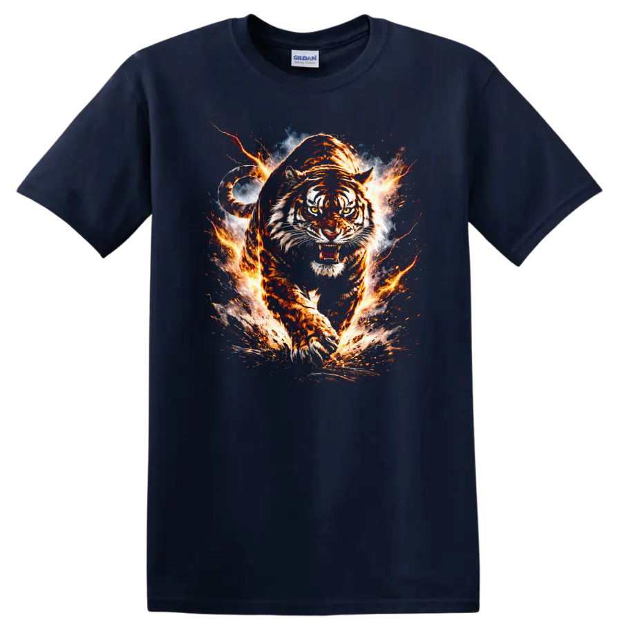 Fiery Tiger Attack Graphic T Shirt Bold Animal Wild Style - Navy (Blue)