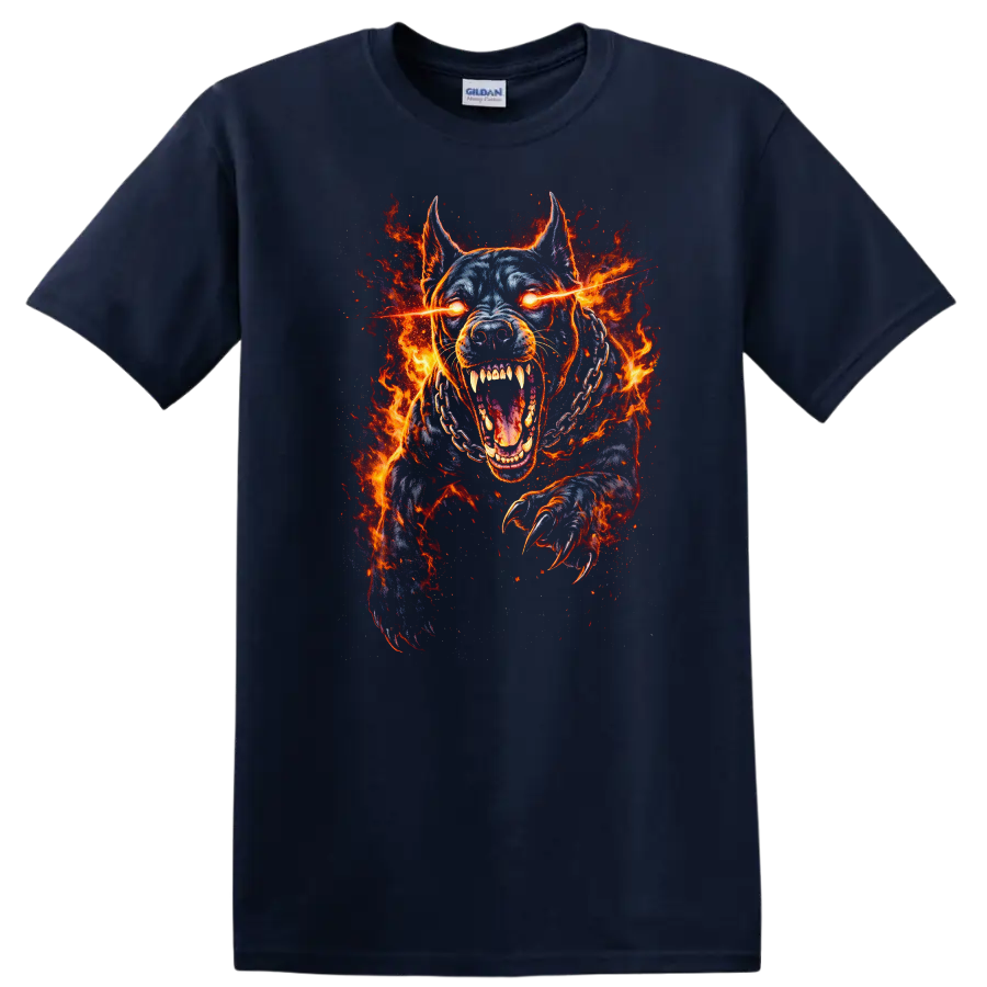Fiery Pit Bull Dog T Shirt Aggressive Flaming Animal Graphic - Navy (Blue)