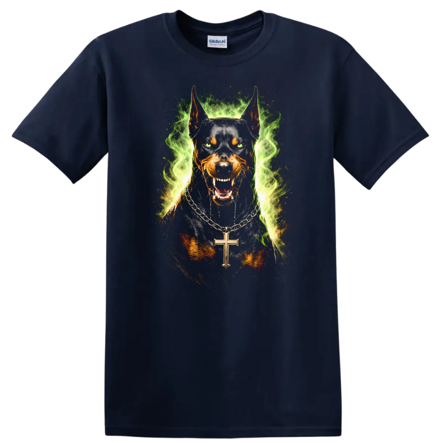 Wild Doberman Dog Portrait Flame Ring T Shirt for Animal Lovers - Navy (Blue)