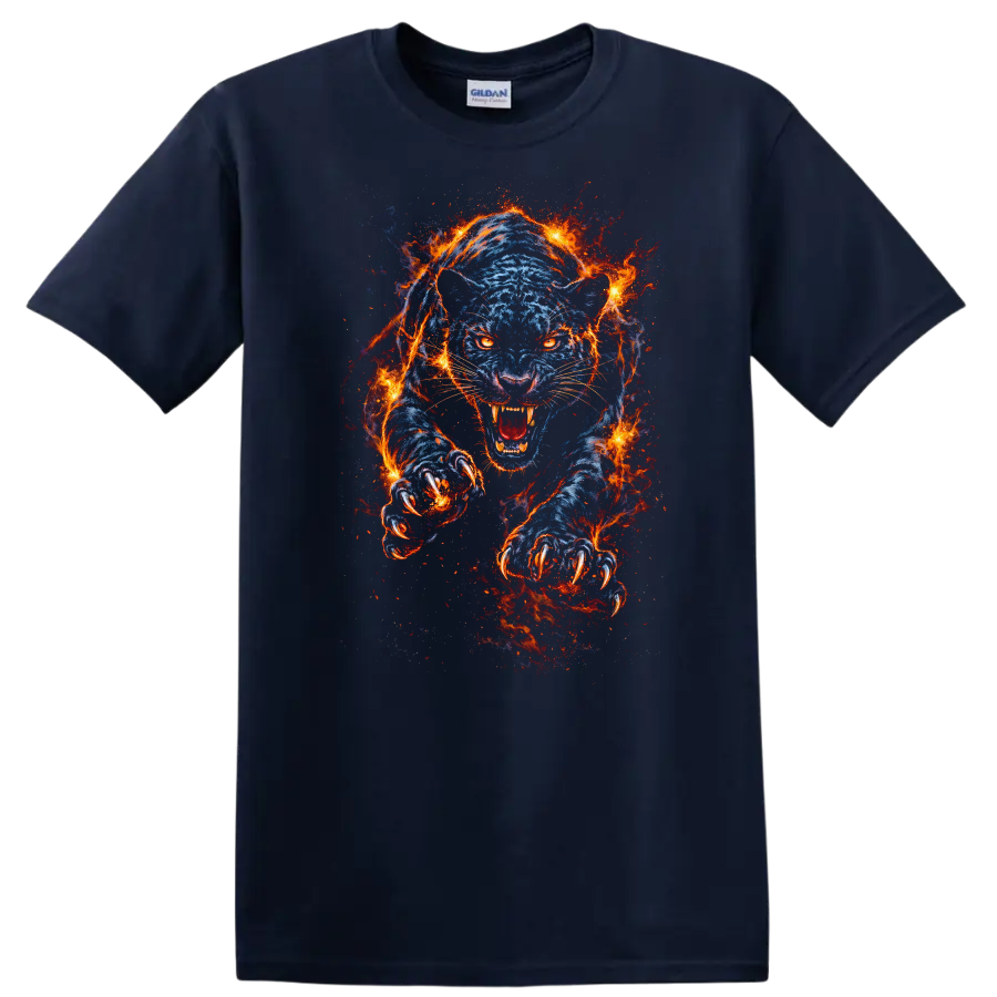 Blue Flaming Panther Attack T Shirt Fierce Fire Animal Graphic - Navy (Blue)