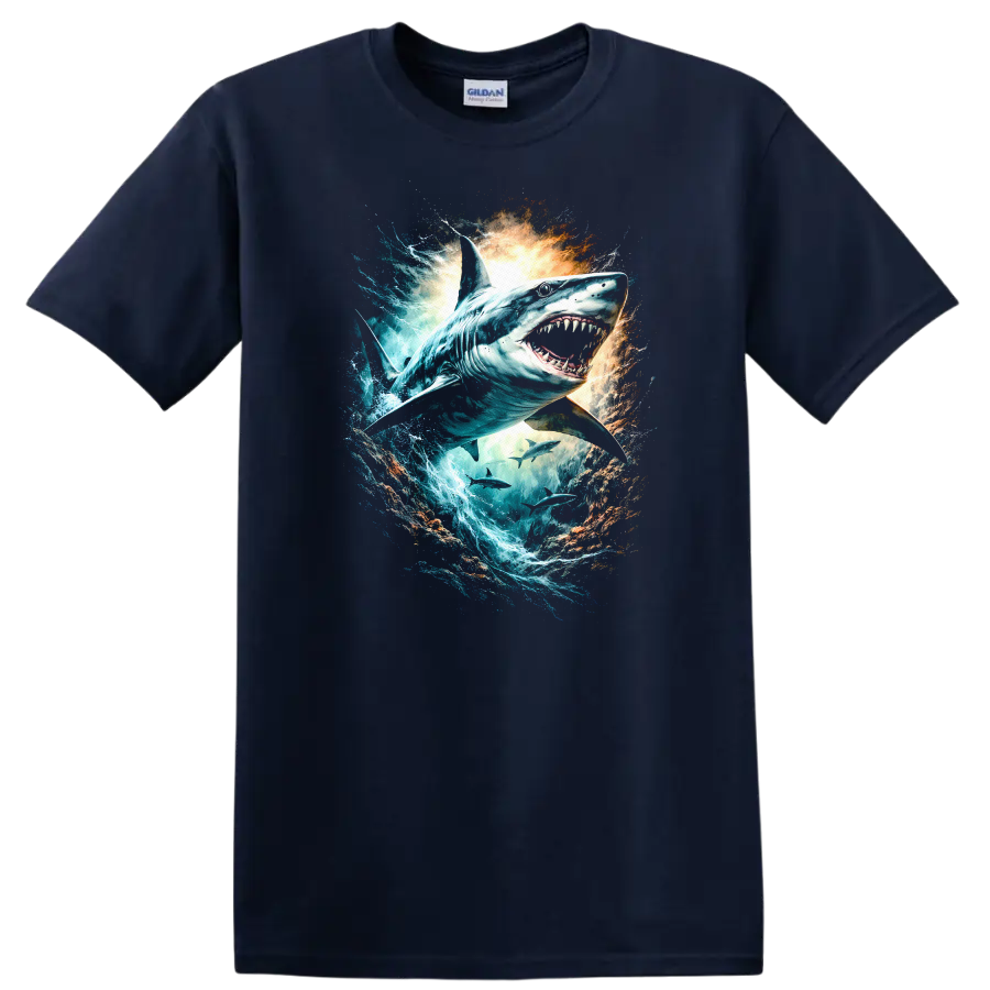 Great White Shark Splash Art Ocean Predator T Shirt - Navy (Blue)