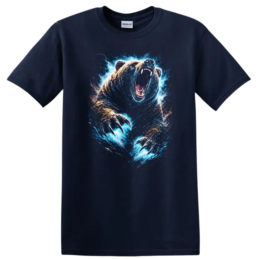 Electric Roaring Bear Claw Storm Animal Graphic T Shirt - Navy (Blue)