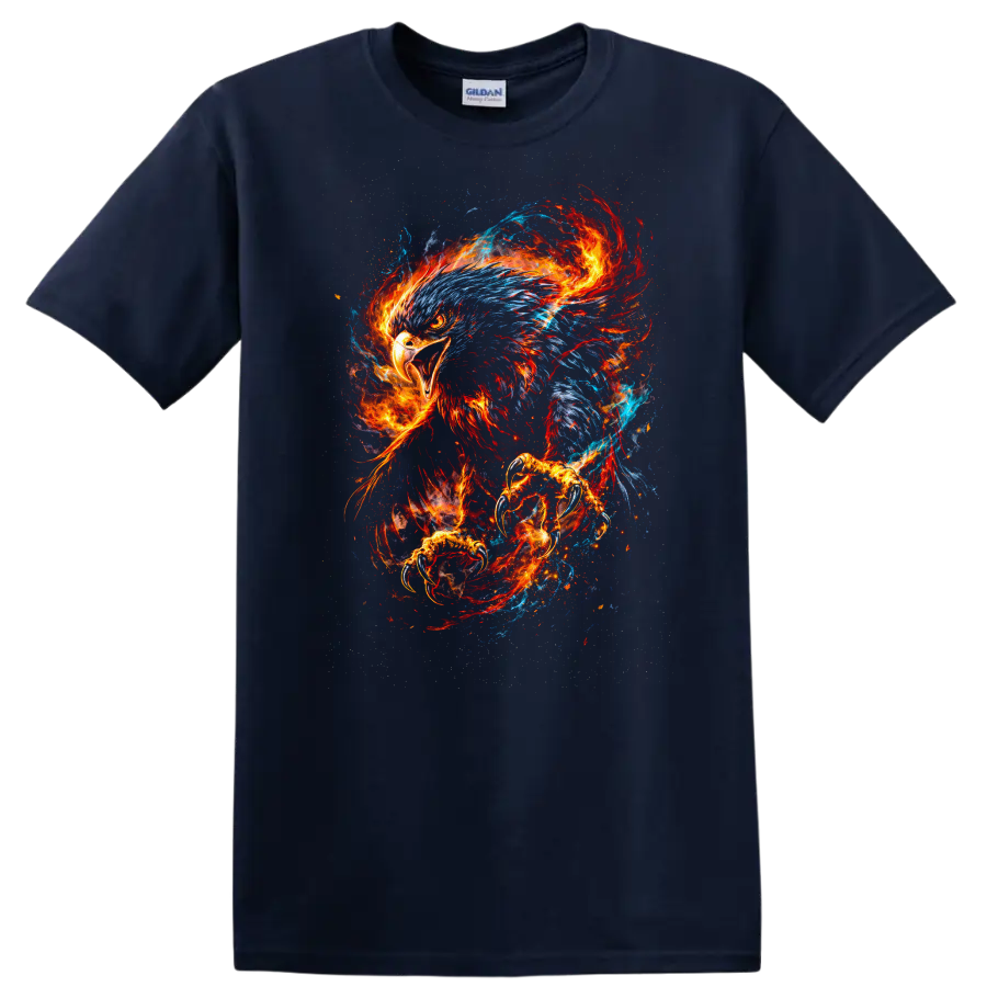 Fiery Eagle Spirit Animal Abstract Art T Shirt for Bold Nature Lovers - Navy (Blue)