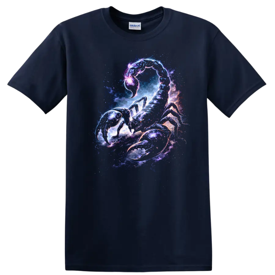 Cosmic Scorpion Galaxy Art T Shirt Neon Space Animal Graphic - Navy (Blue)