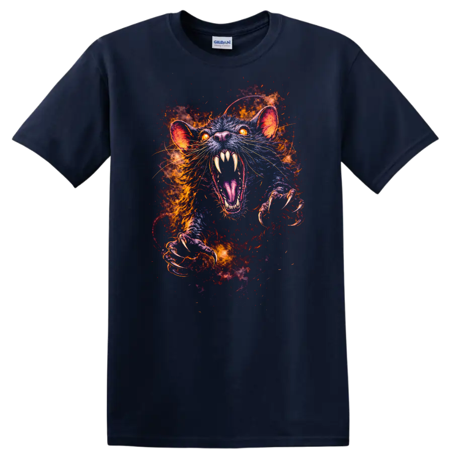 Fiery Glowing Rat Attack T Shirt Vivid Animal Rage Graphic Tee - Navy (Blue)