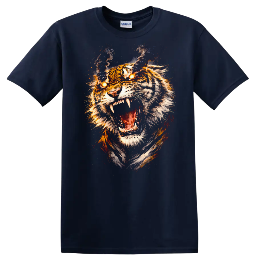 Roaring Tiger Fire Eyes Fierce Animal Art T Shirt - Navy (Blue)