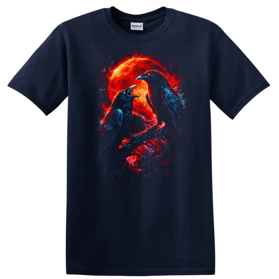 Fiery Raven Birds Eclipse Moon Graphic T Shirt Animal Energy Design - Navy (Blue)
