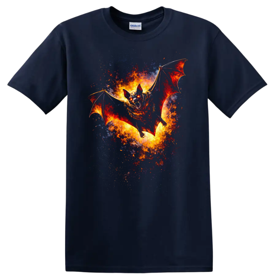 Fiery Bat in Flight Animal Art T Shirt for Fantasy Fans - Navy (Blue)