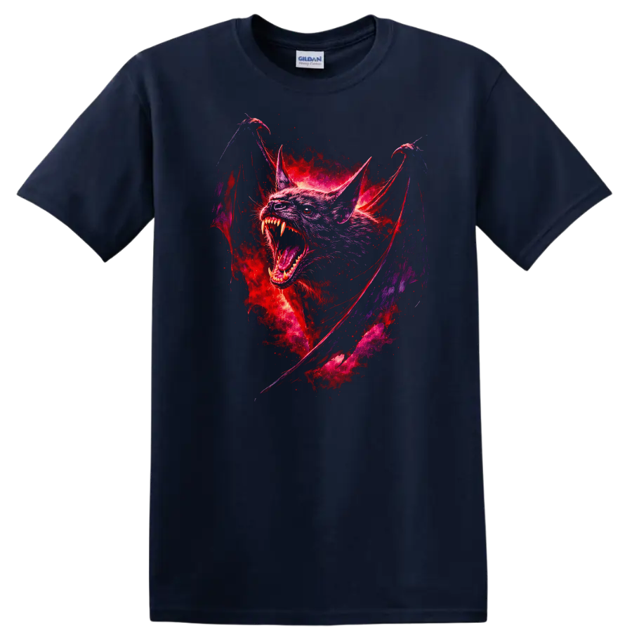 Fierce Neon Bat Animal Art Graphic T Shirt for Gothic Wildlife Fans - Navy (Blue)