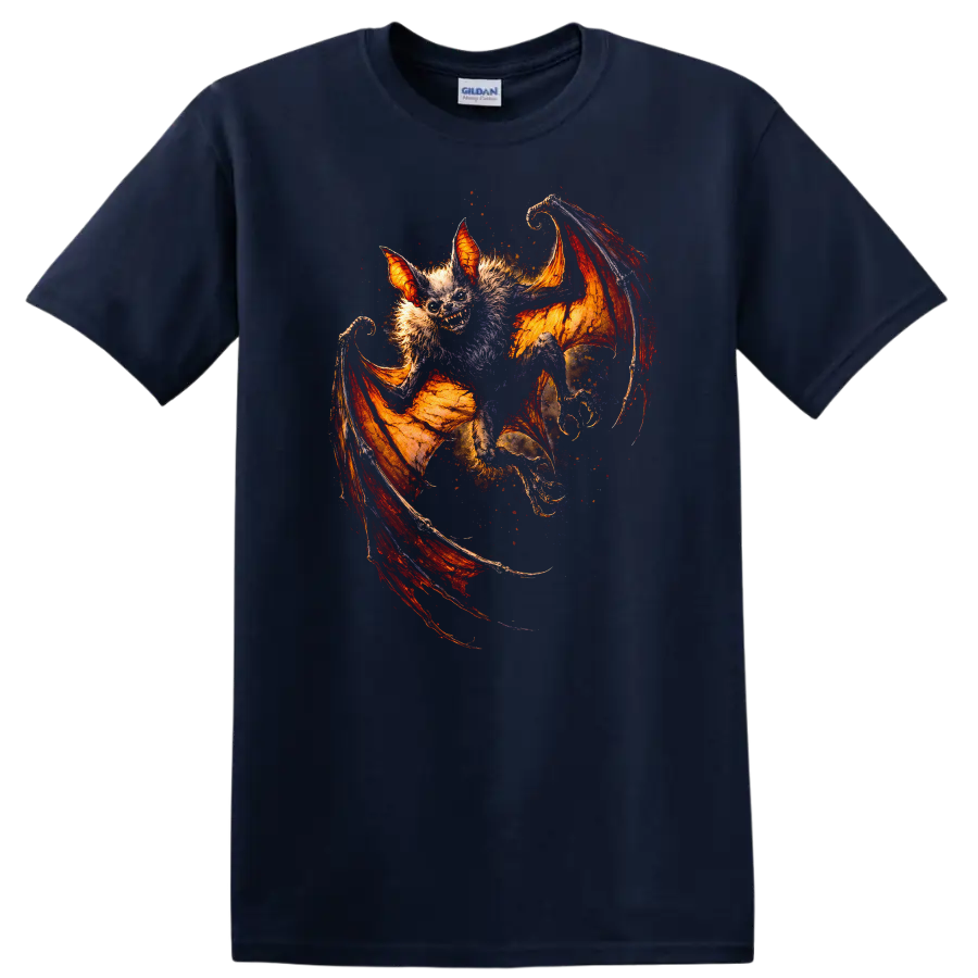 Fiery Winged Bat Animal Art T Shirt - Navy (Blue)