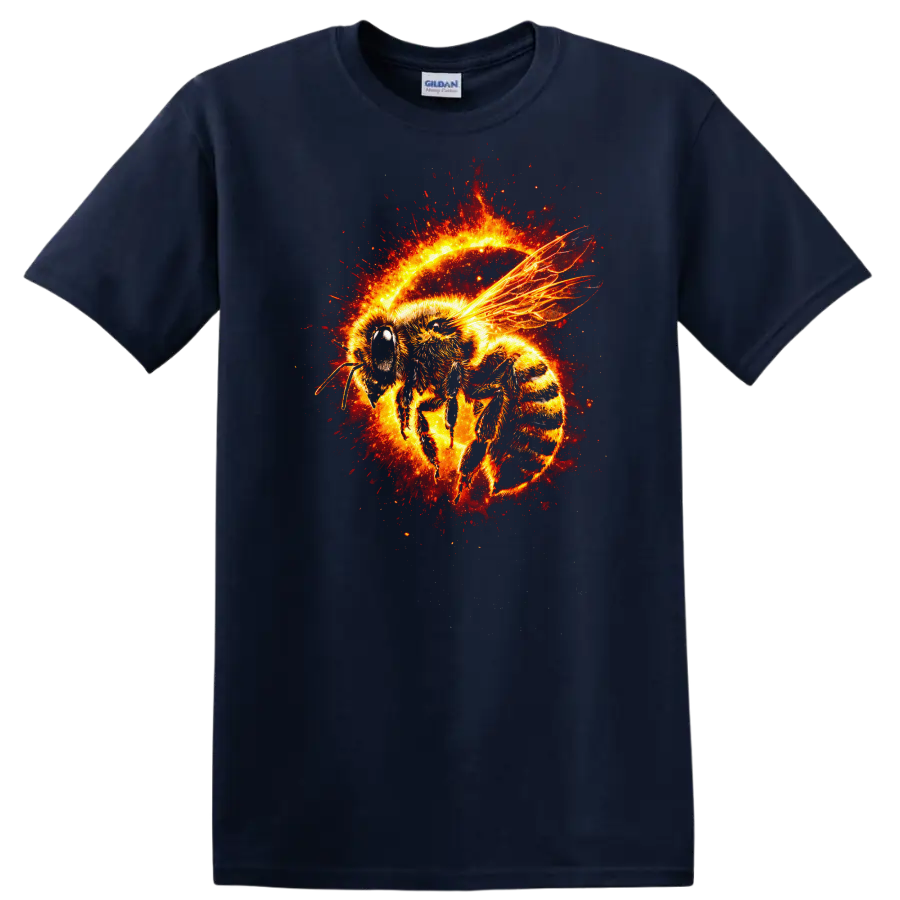 Fiery Bee Splash Art Animals T Shirt Vibrant Glow Graphic - Navy (Blue)