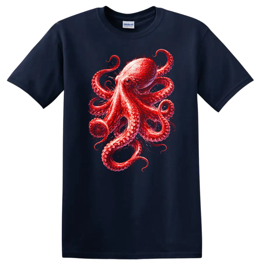 Red Octopus Animal Art Graphic T Shirt for Nature and Ocean Lovers - Navy (Blue)