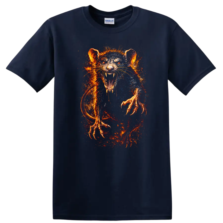 Fiery Rat Monster Art T Shirt Glowing Rage Creature Animal Graphic - Navy (Blue)