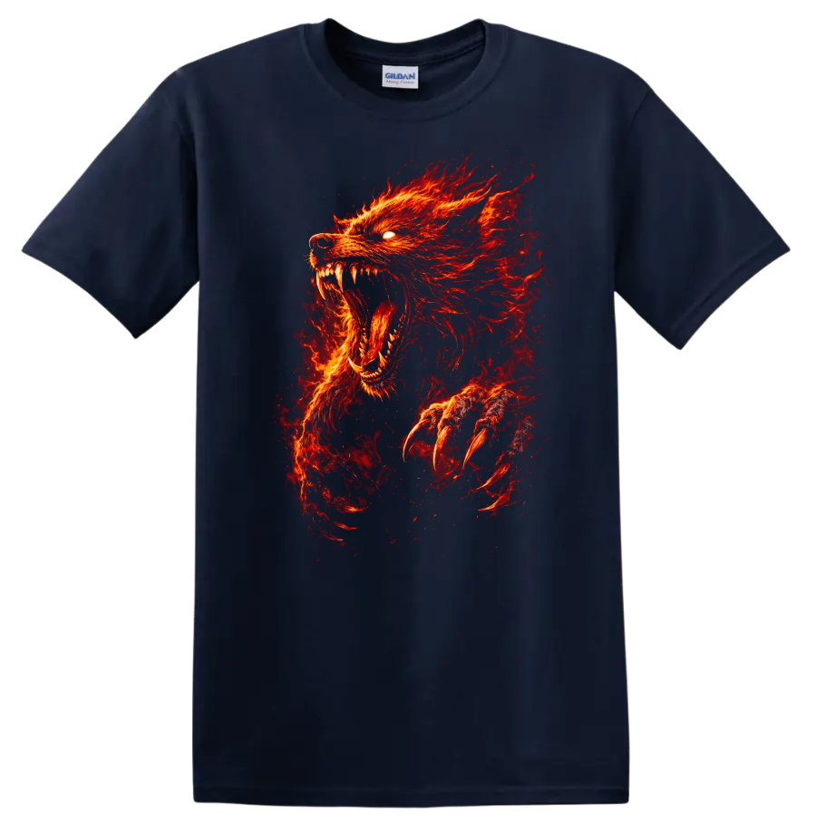Fiery Red Wolf Head Howling Animal Graphic T Shirt - Navy (Blue)