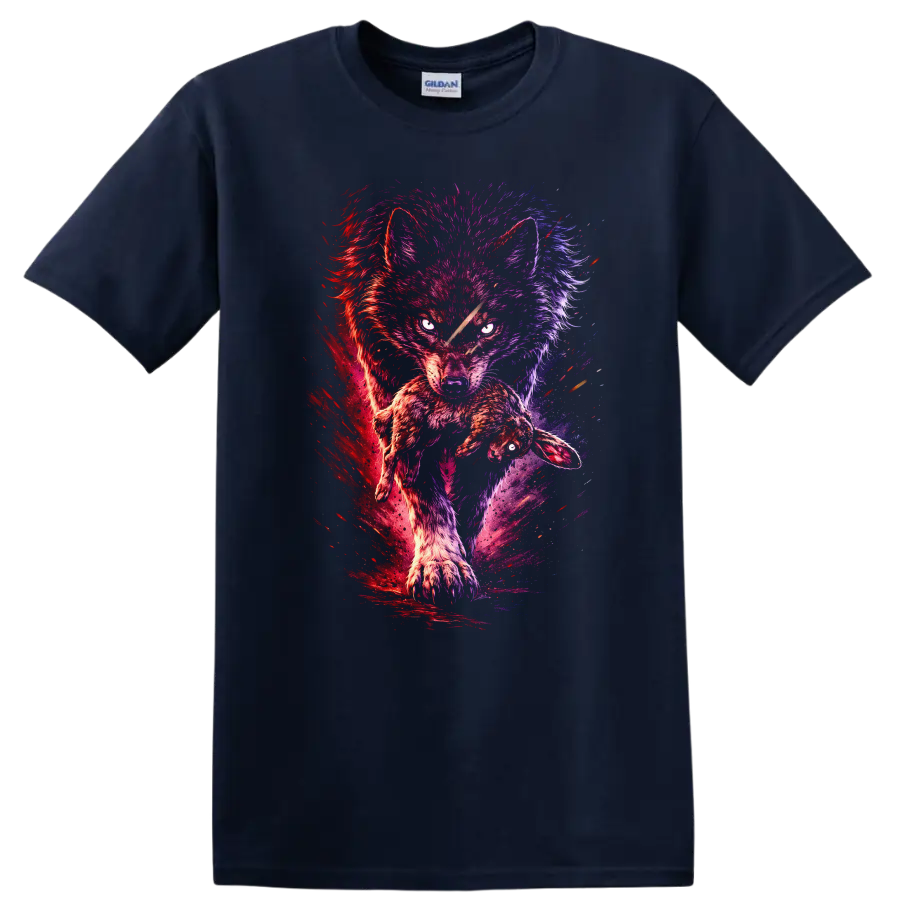 Neon Wolf and Rabbit Splash Art Animals T Shirt - Navy (Blue)