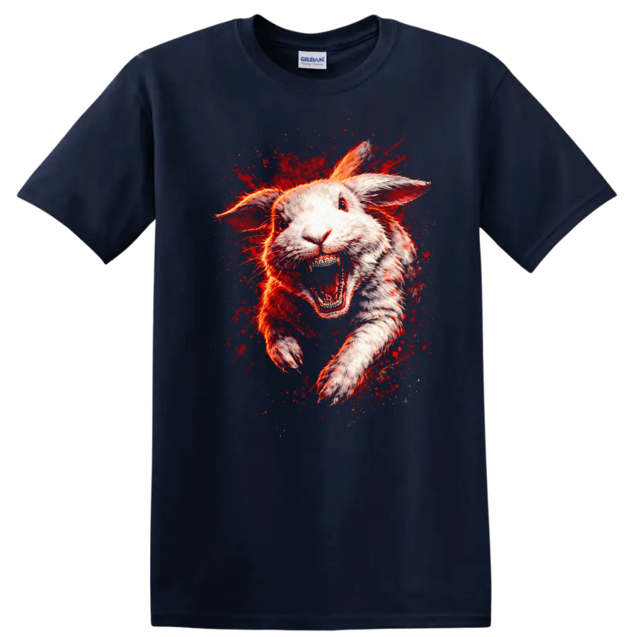 Raging White Rabbit Explosion Graphic T Shirt Fierce Animal Art - Navy (Blue)