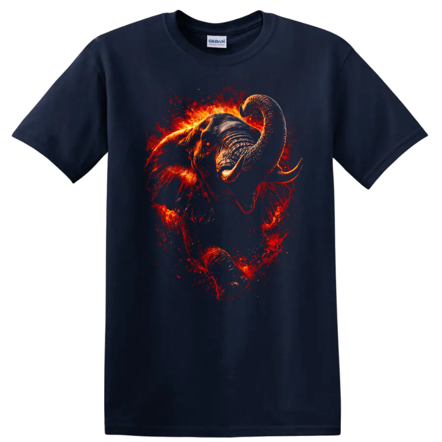 Fiery Elephant Art T Shirt Bold Wildlife Animal Graphic Tee - Navy (Blue)