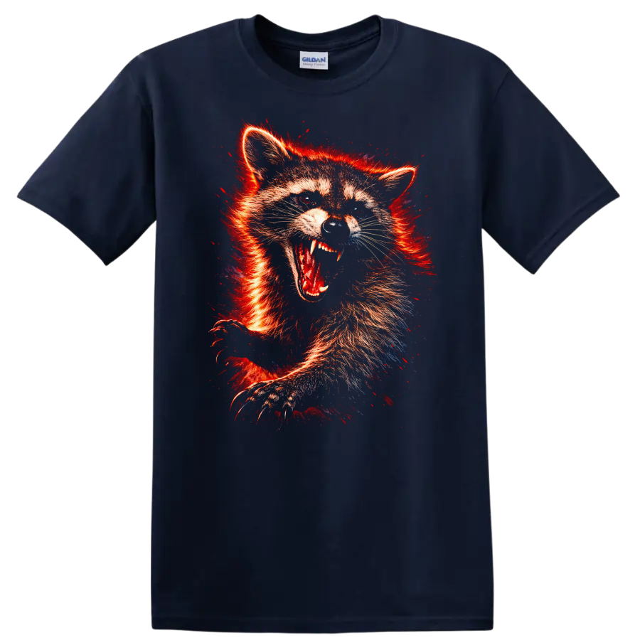 Fiery Fox Raccoon Animal Art T Shirt Wild Red Neon Graphic - Navy (Blue)
