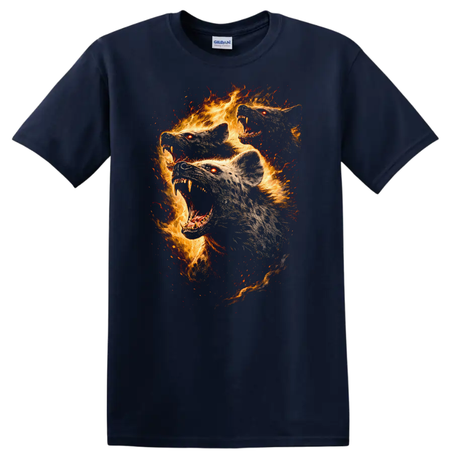 Fiery Wolf Heads Flaming Animal Art T Shirt - Navy (Blue)