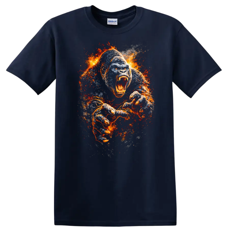 Fierce Roaring Gorilla Fire Burst Animals Graphic T Shirt - Navy (Blue)