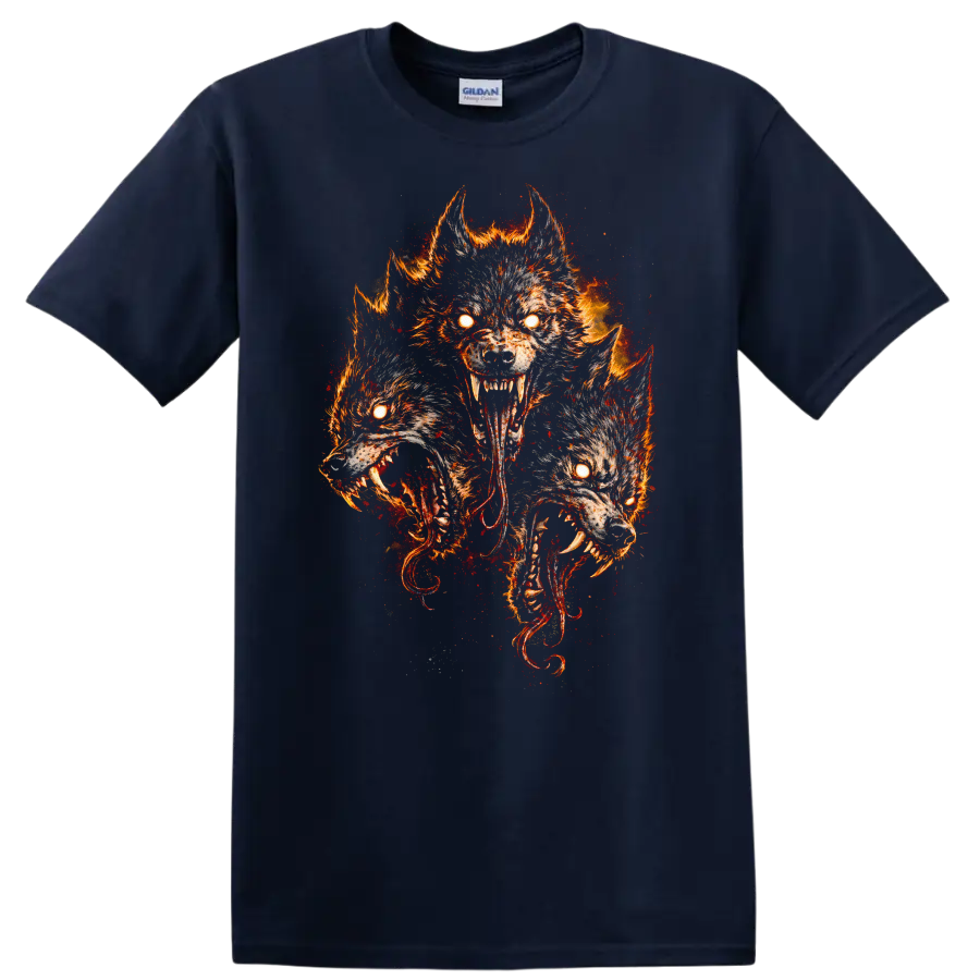 Fiery Three Wolf Moon Howling Wolves T Shirt Wild Animal Graphic Tee - Navy (Blue)