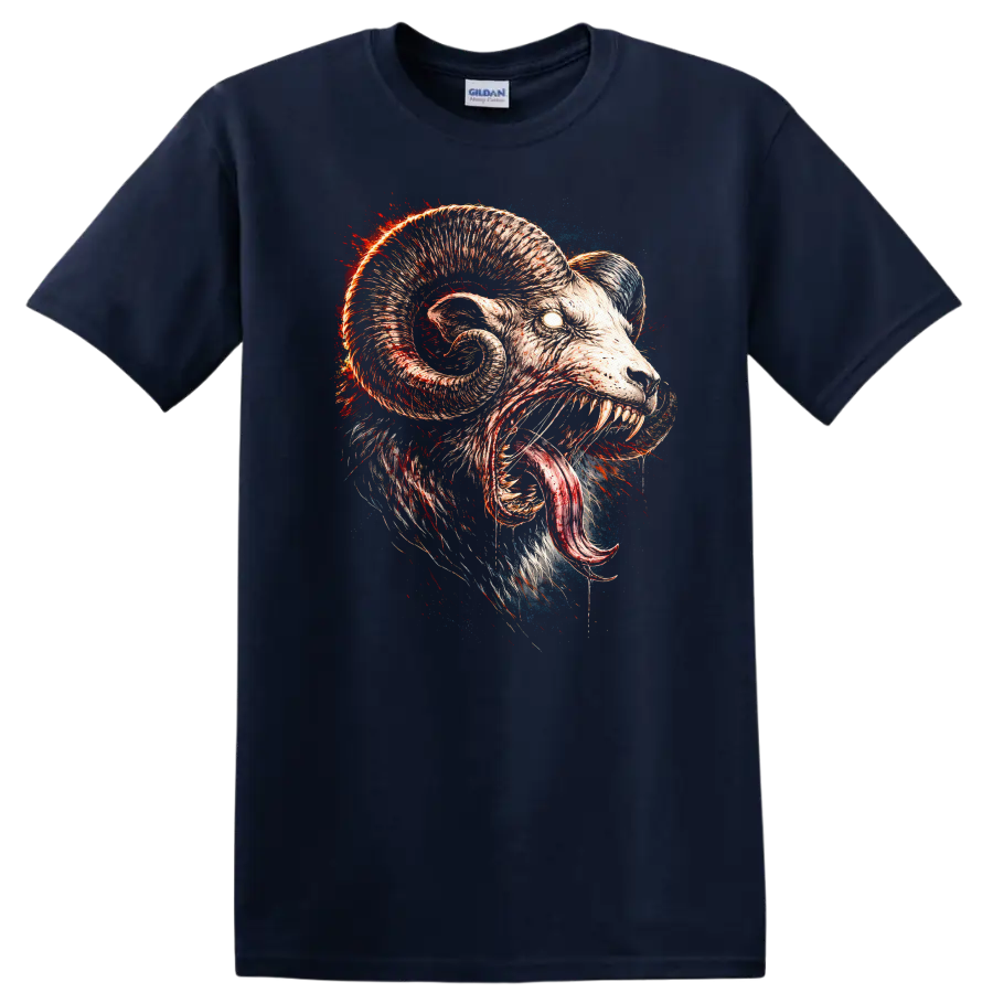 Raging Ram Skull Monster T Shirt Fierce Animal Horror Graphic - Navy (Blue)