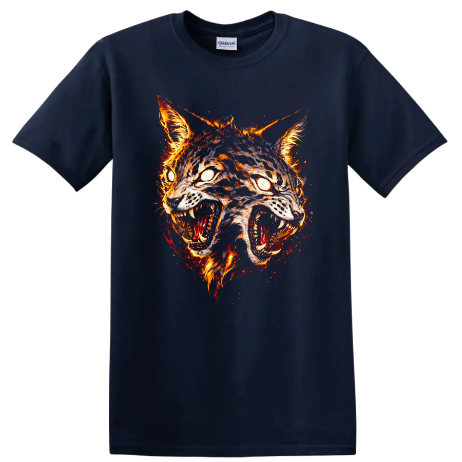 Fiery Twin Wolves Mask Graphic T Shirt for Animal Lovers - Navy (Blue)