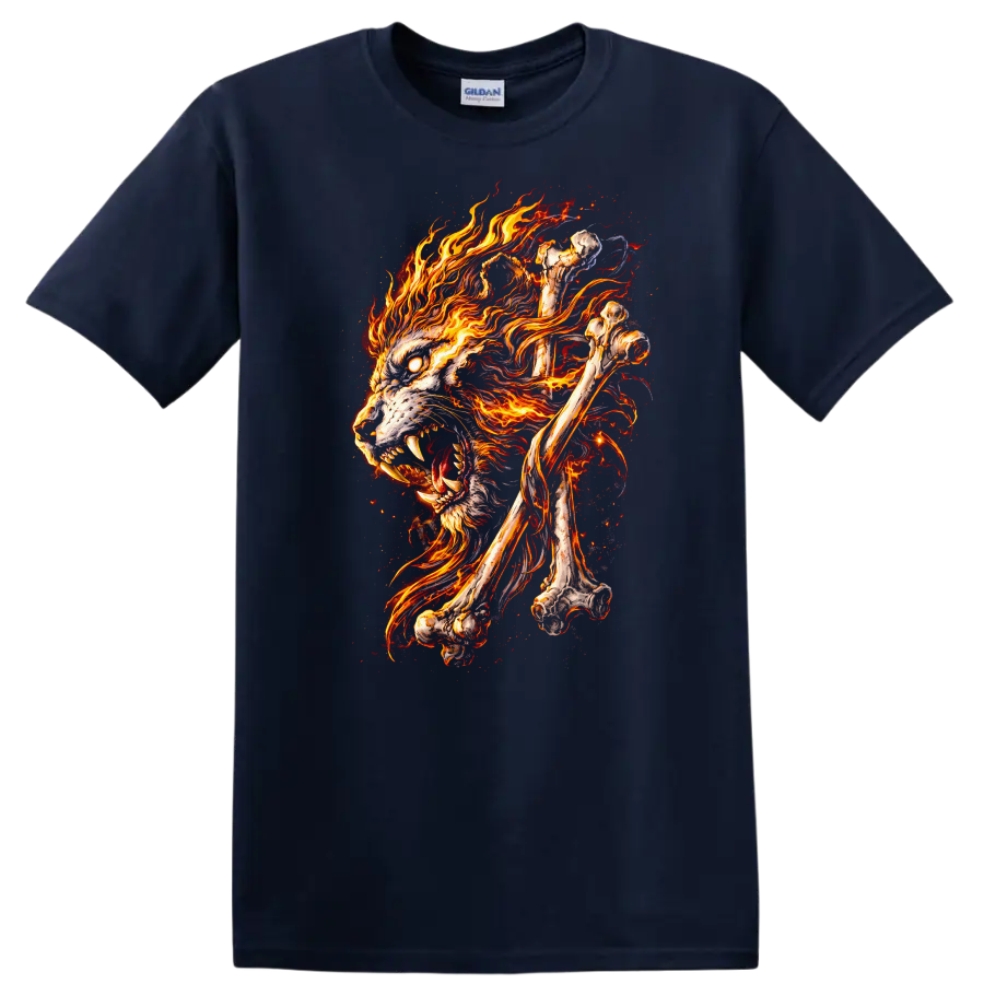 Flaming Wolf Skull Bones Animal Graphic T Shirt for Bold Nature Fans - Navy (Blue)