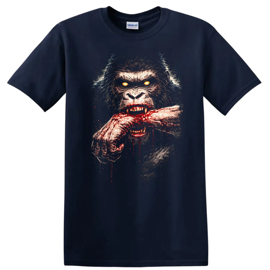 Fierce Bloodied Gorilla Face Horror Animal Graphic T Shirt - Navy (Blue)