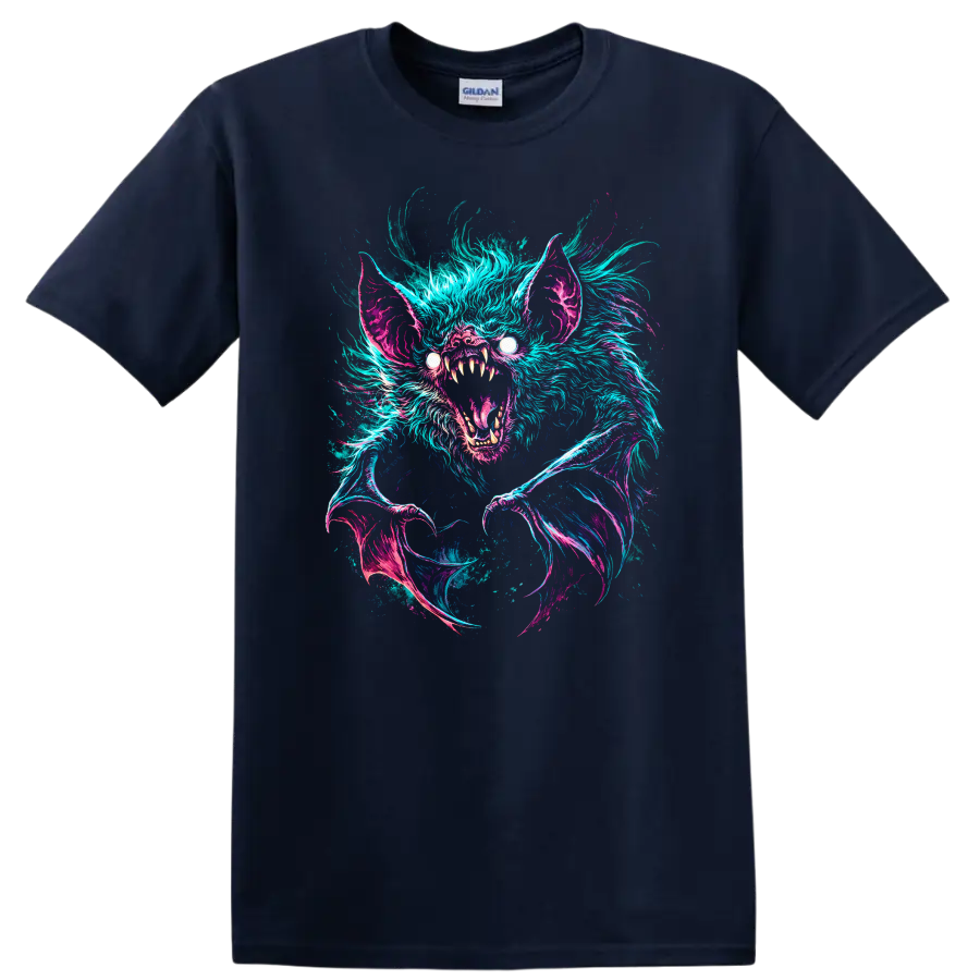 Neon Bat Creature Horror Graphic T Shirt for Dark Fantasy Animal Fans - Navy (Blue)