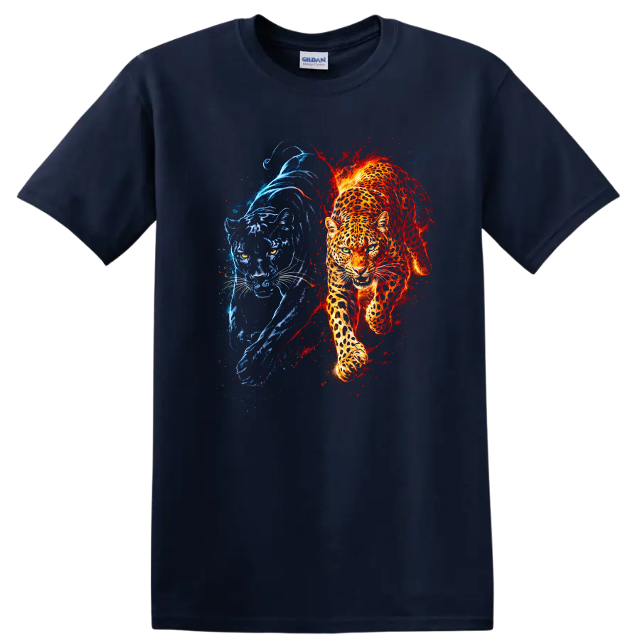 Fire and Ice Panther T Shirt Blue Red Big Cat Animal Graphic - Navy (Blue)