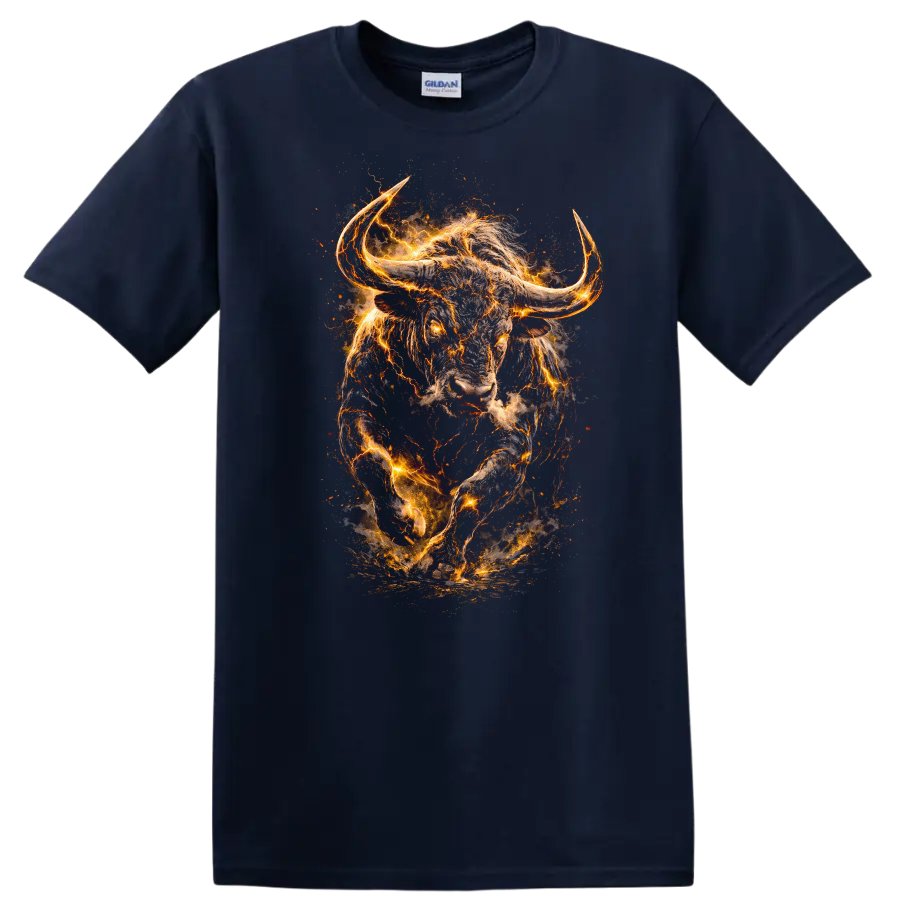 Fiery Charging Bull Head Animals T Shirt, Glowing Wild Energy Graphic - Navy (Blue)