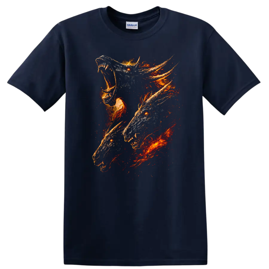 Fiery Wolf Head Trio Graphic T Shirt Bold Animal Art - Navy (Blue)