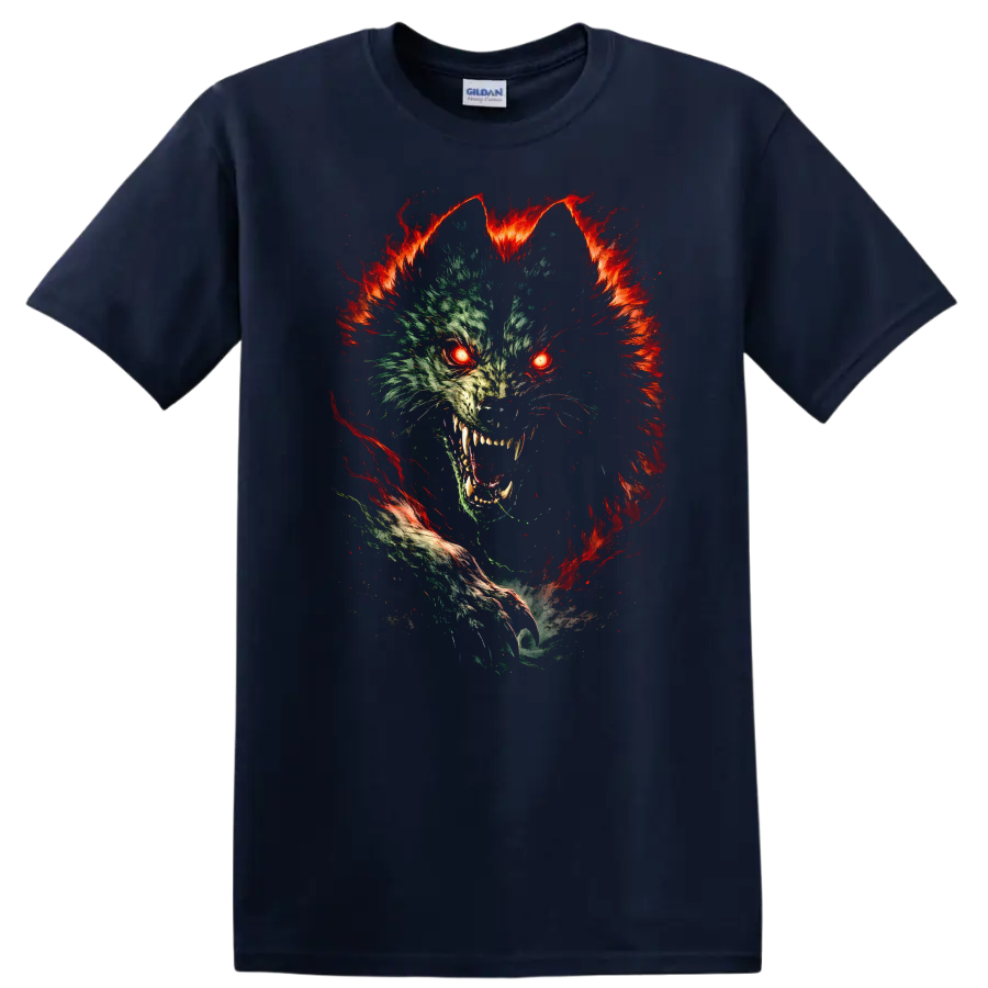 Glitch Wolf Fire Eyes Animal Graphic T Shirt for Bold Streetwear - Navy (Blue)