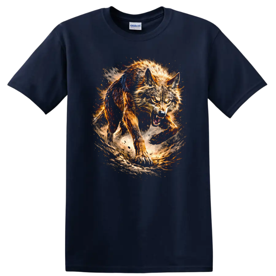 Fierce Wolf Running Through Fire Storm T Shirt Wild Animal Art - Navy (Blue)