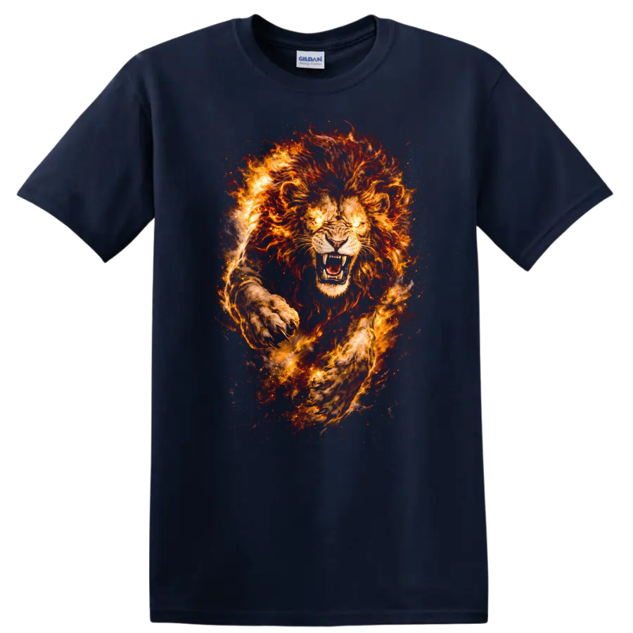 Fiery Lion Head T Shirt Roaring Wild Animal Graphic for Men Women - Navy (Blue)