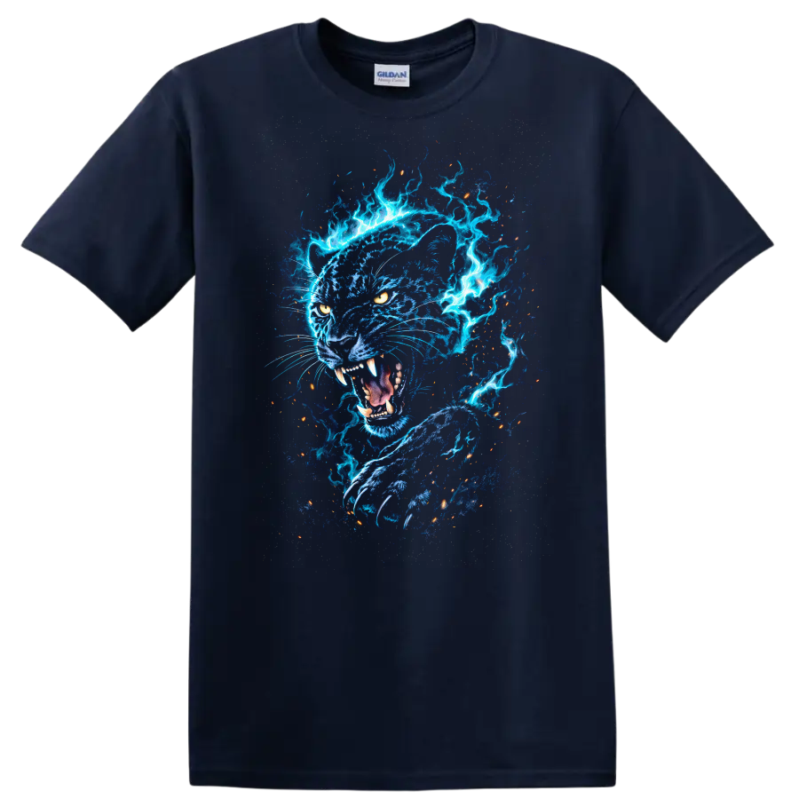 Electric Blue Panther Fireburst Graphic T Shirt for Animal Lovers - Navy (Blue)