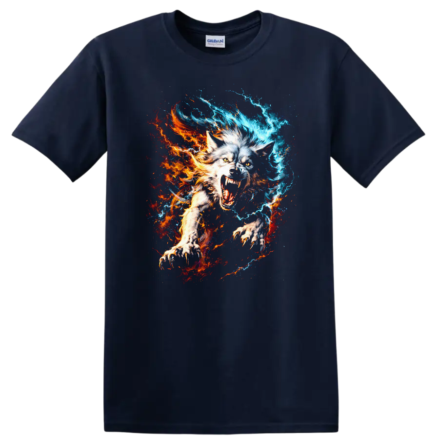 Fiery Ice Wolf Howling Animal Art T Shirt for Nature and Fantasy Fans - Navy (Blue)