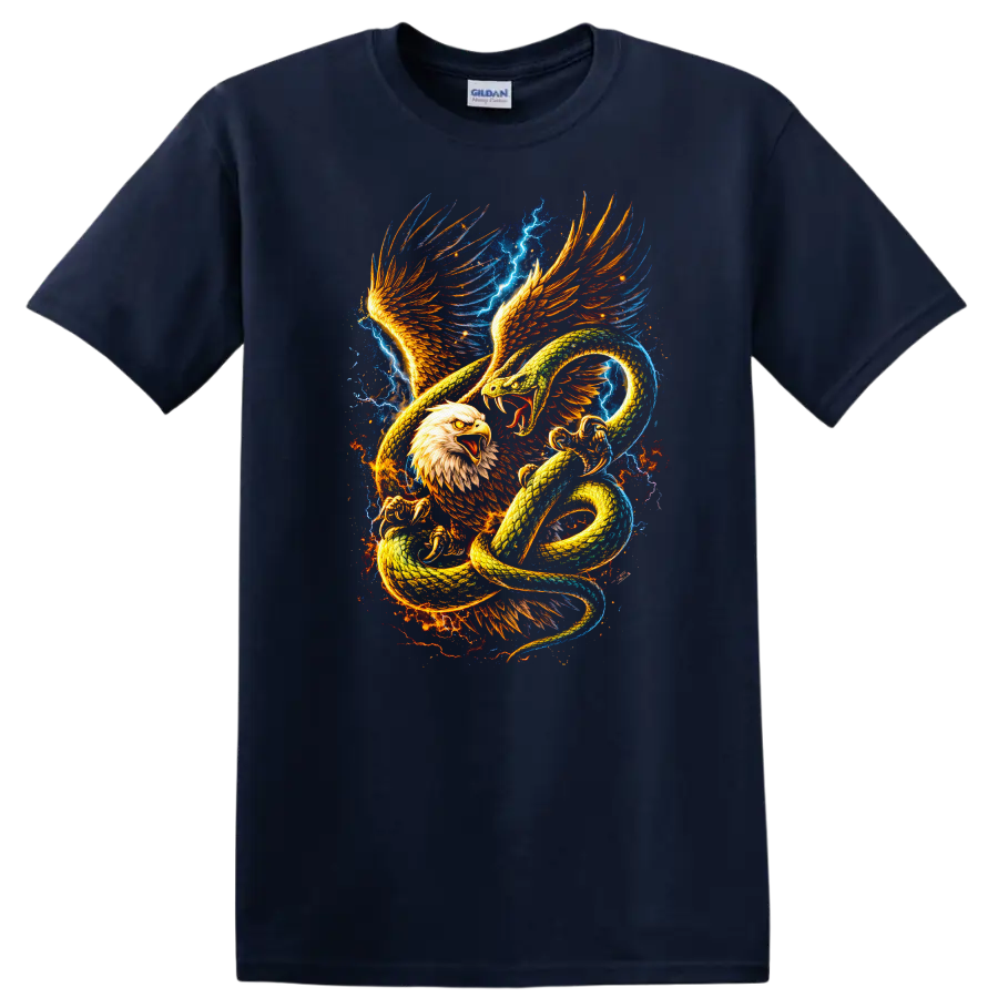 Fire and Ice Eagle Snake Battle Graphic T Shirt for Animal Art Fans - Navy (Blue)