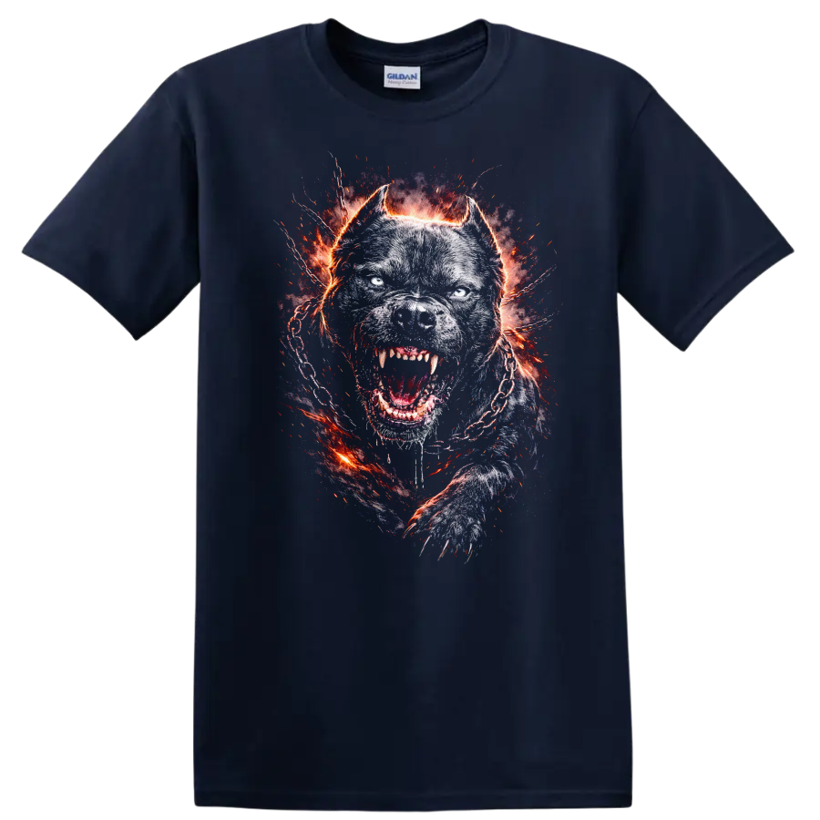 Fierce Pitbull Dog Head Fiery Chain T Shirt for Animal Lovers - Navy (Blue)
