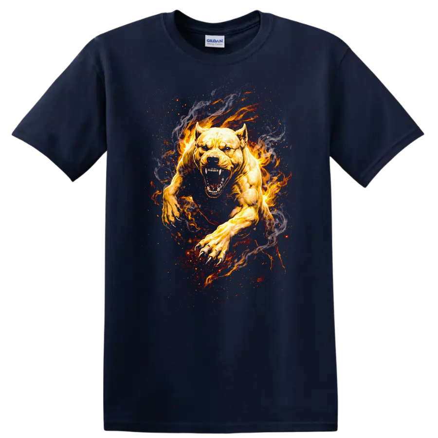 Fiery Pitbull Attack Art T Shirt Aggressive Animal Graphic - Navy (Blue)