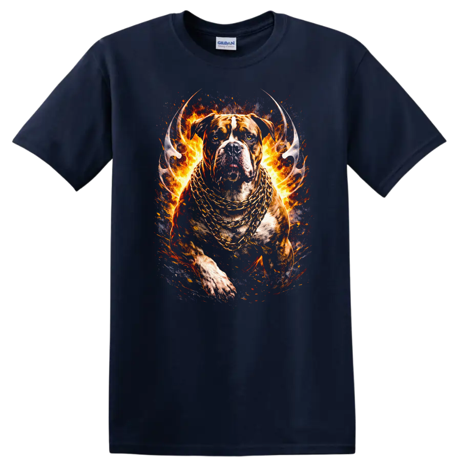 Fiery Pit Bull Dog with Gold Chains Animal T Shirt - Navy (Blue)